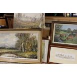 A LARGE QUANTITY OF ASSORTED PICTURES AND PRINTS TO INCLUDE A GILT FRAMED OIL ON CANVAS OF A