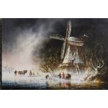 A DUTCH STYLE UNFRAMED OIL ON BOARD DEPICTING FIGURES BEFORE A WINDMILL SIGNED M L ISLE LOWER