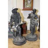A PAIR OF ANTIQUE BRONZE EFFECT FIGURES ON PLINTHS, OVERALL HEIGHT 50 CM