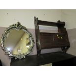 A GILT FRAMED WALL MIRROR TOGETHER WITH AN OAK WALL HANGING DISPLAY CUPBOARD