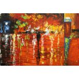 A LARGE UNFRAMED IMPRESSIONIST OIL ON CANVAS OF A STREET SCENE WITH FIGURE INDISTINCT SIGNATURE -