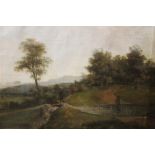 TWO ANTIQUE UNFRAMED COUNTRY LANDSCAPES, OILS ON CANVAS, BOTH UNSIGNED, LARGEST 66 X 77 CM, TOGETHER