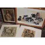 FOUR ASSORTED PICTURES AND PRINTS TO INCLUDE AN UNFRAMED WATERCOLOUR AND FRAMED AND GLAZED PICTURE