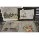 THREE ASSORTED UNFRAMED WATERCOLOURS, LARGEST OVERALL 42 X 55 CM, TOGETHER WITH A FRAMED AND