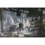 A FRAMED AND GLAZED SIGNED LIMITED EDITION DAVID WESTON STEAM LOCOMOTIVE PRINT, 'SUNLIGHT AND