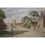 A VILLAGE STREET SCENE, OIL ON CANVAS LAID ON BOARD, SIGNED LOWER RIGHT W.E. SCRIVENER, 42.5 X 56