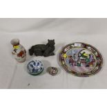 A SMALL QUANTITY OF ORIENTAL STYLE CERAMICS TOGETHER WITH A MODEL OF A TIGER