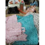 A QUANTITY OF LADIES DRESSES, EVENING BAGS, DOLLS ETC.