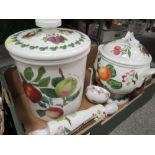 A TRAY OF PORTMEIRION POMONA TO INCLUDE A SOUP TUREEN AND LADLE, LARGE LIDDED CROCK AND A ROLLING