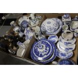 TWO TRAYS OF CERAMICS TO INCLUDE ORIENTAL FIGURES, ONE BROKEN, A QUANTITY OF BLUE AND WHITE WARE