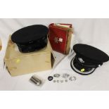 A QUANTITY OF COLLECTABLES TO INCLUDE TWO STAFFORDSHIRE AMBULANCE SERVICE VINTAGE HATS, STAMPS,