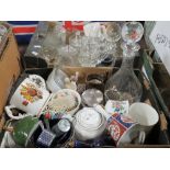 THREE SMALL TRAYS OF CERAMICS AND GLASS TO INCLUDE A DECANTER