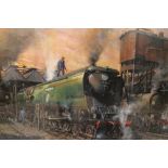 A FRAMED AND GLAZED SIGNED LIMITED EDITION TERENCE CUNEO STEAM LOCOMOTIVE PRINT 'WINSTON CHURCHILL',