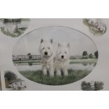 A NIGEL HEMMING OVAL PORTRAIT WATERCOLOUR OF TWO WESTIES IN A DECORATIVE MOUNT, SIGNED AND DATED