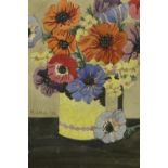 A STILL LIFE STUDY OF FLOWERS IN A VASE, SIGNED AND DATED V. BELL '58 MID LEFT, UNFRAMED, OVERALL 32