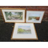 THREE MODERN FRAMED AND GLAZED PAINTINGS / PRINTS, TO INCLUDE 'CATTLE IN THE MEADOW' WATERCOLOUR
