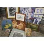 A QUANTITY OF PICTURES AND PRINTS TO INCLUDE SIX OILS, TWO WATERCOLOURS ETC. (9)