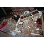 TWO TRAYS OF ASSORTED GLASSWARE ETC. TO INCLUDE A DECANTER