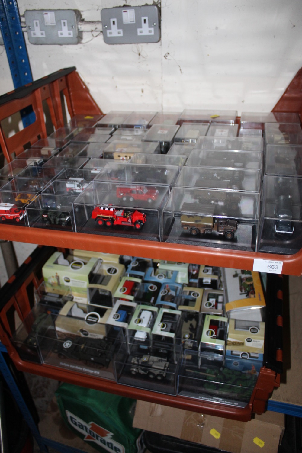 TWO TRAYS OF OXFORD DIE CAST MODEL CARS, TANKS, ETC.