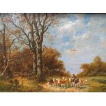 AN OIL ON BOARD PAINTING OF A FARMER MOVING CATTLE DOWN A COUNTRYSIDE PATH, SIGNED LOWER RIGHT M.