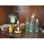 A QUANTITY OF ADVERTISING ITEMS TO INCLUDE A PEARS SOAP FRAMED PICTURE AND VINTAGE GLASS BOTTLES