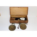 A SET OF ANTIQUE SCALES AND WEIGHTS, WINE LABEL, AND MINIATURE PADLOCK