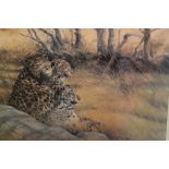 A FRAMED AND GLAZED LIMITED EDITION 'LEOPARD FAMILY' PRINT, SIGNED SPENCER HODGE, 85 X 77 CM