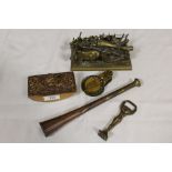 FOUR ITEMS OF BRASSWARE PLUS A COPPER HUNTING HORN