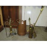 A QUANTITY OF BRASS AND COPPER FIRESIDE ACCOUTREMENTS TO INCLUDE A COAL SCUTTLE