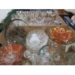 TWO TRAYS OF ASSORTED GLASSWARE TO INCLUDE CARNIVAL GLASS, LUSTRES ETC.