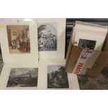 A COLLECTION OF ASSORTED VICTORIAN AND LATER PRINTS IN MOUNTS, LARGEST APPROX OVERALL 30.5 X 25.5 CM