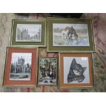 A SMALL SELECTION OF FIVE FRAMED AND MOUNTED RETRO STYLE PAINTINGS ON TITANIUM PLATE - LARGEST