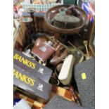 A TRAY OF TREEN ETC, TO INCLUDE A MOTHER OF PEARL HANDLED MAGNIFYING GLASS