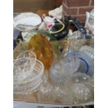 A TRAY OF ASSORTED CERAMICS TO INCLUDE NOVELTY TEAPOTS TOGETHER WITH A TRAY OF VINTAGE GLASSWARE