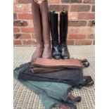 A PAIR OF LEATHER HORSE RIDING BOOTS TOGETHER WITH ANOTHER PAIR OF EQUESTRIAN BOOTS AND THREE SETS