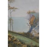 A GILT FRAMED AND GLAZED WATERCOLOUR OF A COASTAL LANDSCAPE PICTURE SIZE -36CM X 28CM OVERALL SIZE -