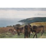 A FRAMED AND GLAZED SIGNED LIMITED EDITION MARGARET RICKETTS HORSES PRINT 'EXMOOR PONIES'. NUMBER