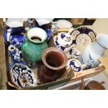 TWO TRAYS OF ASSORTED CERAMICS TO INCLUDE A GAUDY WELSH STYLE THREE PIECE TEA SERVICE ( TEAPOT LID