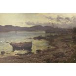 AN ANTIQUE UNFRAMED OIL ON CANVAS OF A SHORELINE SCENE WITH MOORED BOATS SIGNED ALEX LAWSON? LOWER