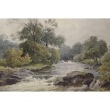 A FRAMED AND GLAZED WATERCOLOUR OF A COUNTRY RIVER SCENE SIGNED JAMES HERON LOWER RIGHT - 21 X 26