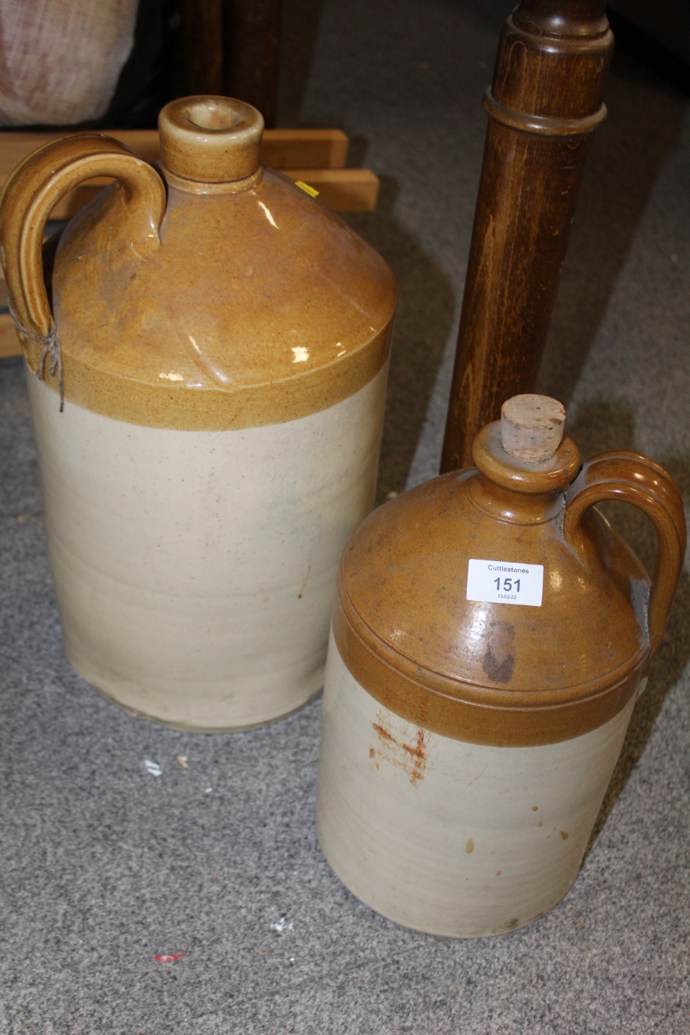 TWO VINTAGE STONEWARE FLAGONS, LARGEST HEIGHT 41 CM