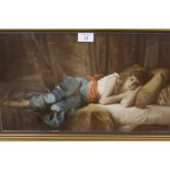 A GILT FRAMED AND GLAZED PARTIALLY OVER PAINTED PRINT OF A WOMAN RESTING BY PAUL TILLIER PICTURE