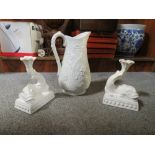 A PORTMEIRION GRAPE PATTERN JUG TOGETHER WITH A PAIR OF UNMARKED HEART SHAPED CANDLE STICKS