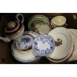 THREE TRAYS OF ASSORTED CERAMICS TO INCLUDE BLUE AND WHITE STORAGE JARS, PROFILE PLAQUES ETC. (