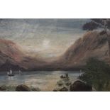 AN UNFRAMED OIL ON BOARD OF A MOUNTAINOUS LAKE SCENE SIGNED 'WB HAYCOCK - 1916' LOWER RIGHT 60.5 X