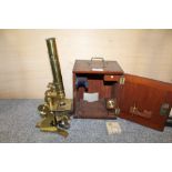 A VINTAGE MAHOGANY CASED BRASS MICROSCOPE BY S.MAW.SON & THOMPSON OF LONDON