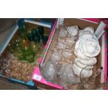 THREE TRAYS OF ASSORTED GLASSWARE TOGETHER WITH A SMALL QUANTITY OF DUCHESS EVELYN CHINA