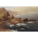 A FRAMED AND GLAZED WATERCOLOUR OF A COASTAL SCENE ENTITLED 'COAST AT THE TORRS ILFRACOMBE' BY J