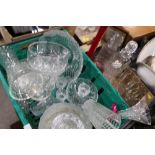 TWO TRAYS OF ASSORTED GLASSWARE TO INCLUDE CUT GLASS DECANTERS (PLASTIC TRAY NOT INCLUDED)