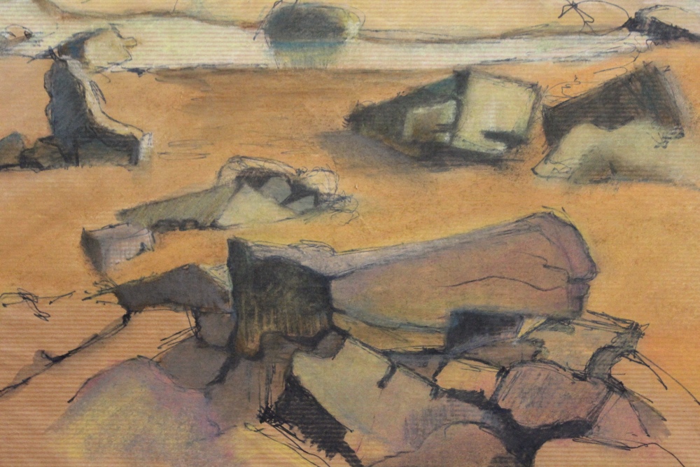 AN UNFRAMED MOUNTED MIXED MEDIA ON PAPER OF A ROCKY BEACH SCENE IN THE STYLE OF HENRY MOORE